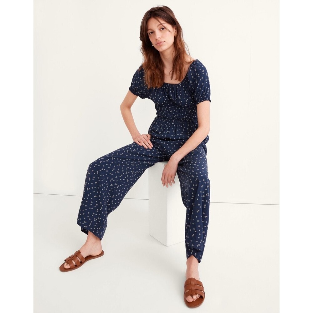 Madewell Sophia Jumpsuit Women M Navy Bandana‎ Flower Smocked Wide Leg Cottage